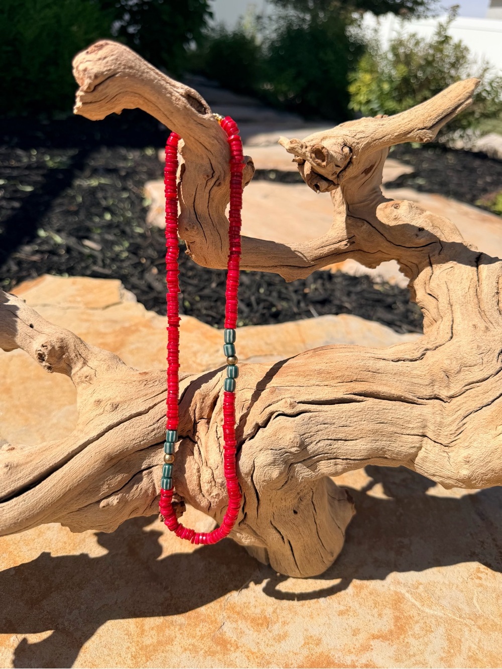 Hand-Strung Red Dyed Shell Necklace with Green and Gold Accent Beads